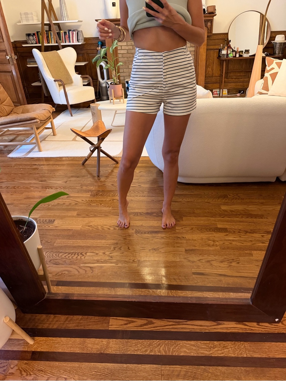 Zara White and Navy Striped High-Waist Bermuda Shorts - Size XS